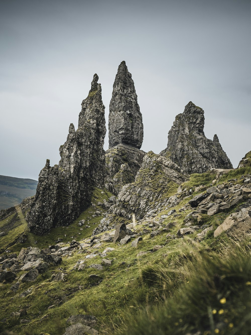 a group of rocks sitting on top of a lush green hillside