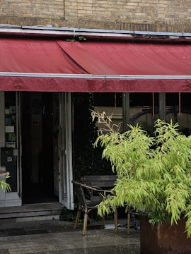 A quaint, rustic storefront features a large red awning with rain droplets visible on its surface. Below the awning, there is a doorway leading into a dimly lit interior. To the right, a large green plant with bushy foliage is potted in a planter, accompanied by a small outdoor table and chairs. The ground appears wet, suggesting recent or ongoing rain.