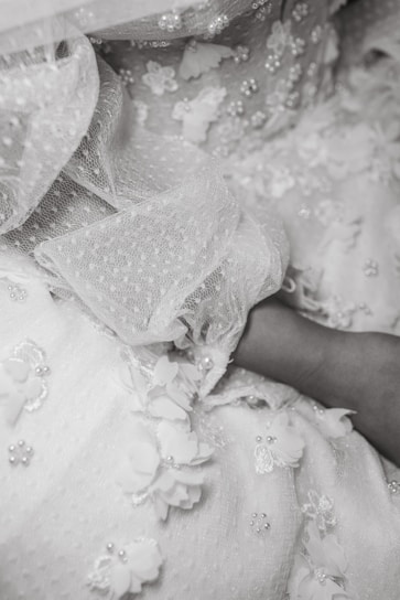 A close-up view of intricate lace fabric adorned with small, delicate floral appliqués and pearl-like beads. The soft material has a textured appearance, with layers of patterns and embellishments creating a sense of elegance.