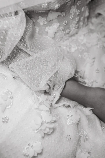 Close-up of delicate embroidered lace fabric showcasing fine threadwork on a white background.