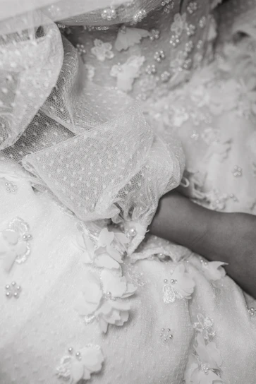 Close-up of delicate fabric textures and subtle embroidery on a flowing dress from the collection.