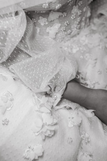 A close-up view of intricate lace fabric adorned with small, delicate floral appliqués and pearl-like beads. The soft material has a textured appearance, with layers of patterns and embellishments creating a sense of elegance.