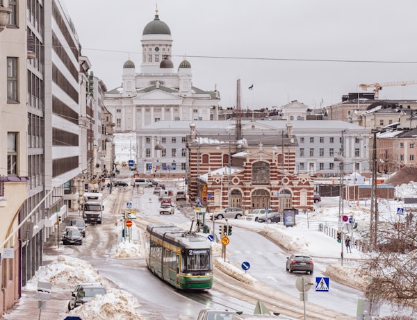 Helsinki Finland summer skyline with the cathedral dome above the harbor waterfront