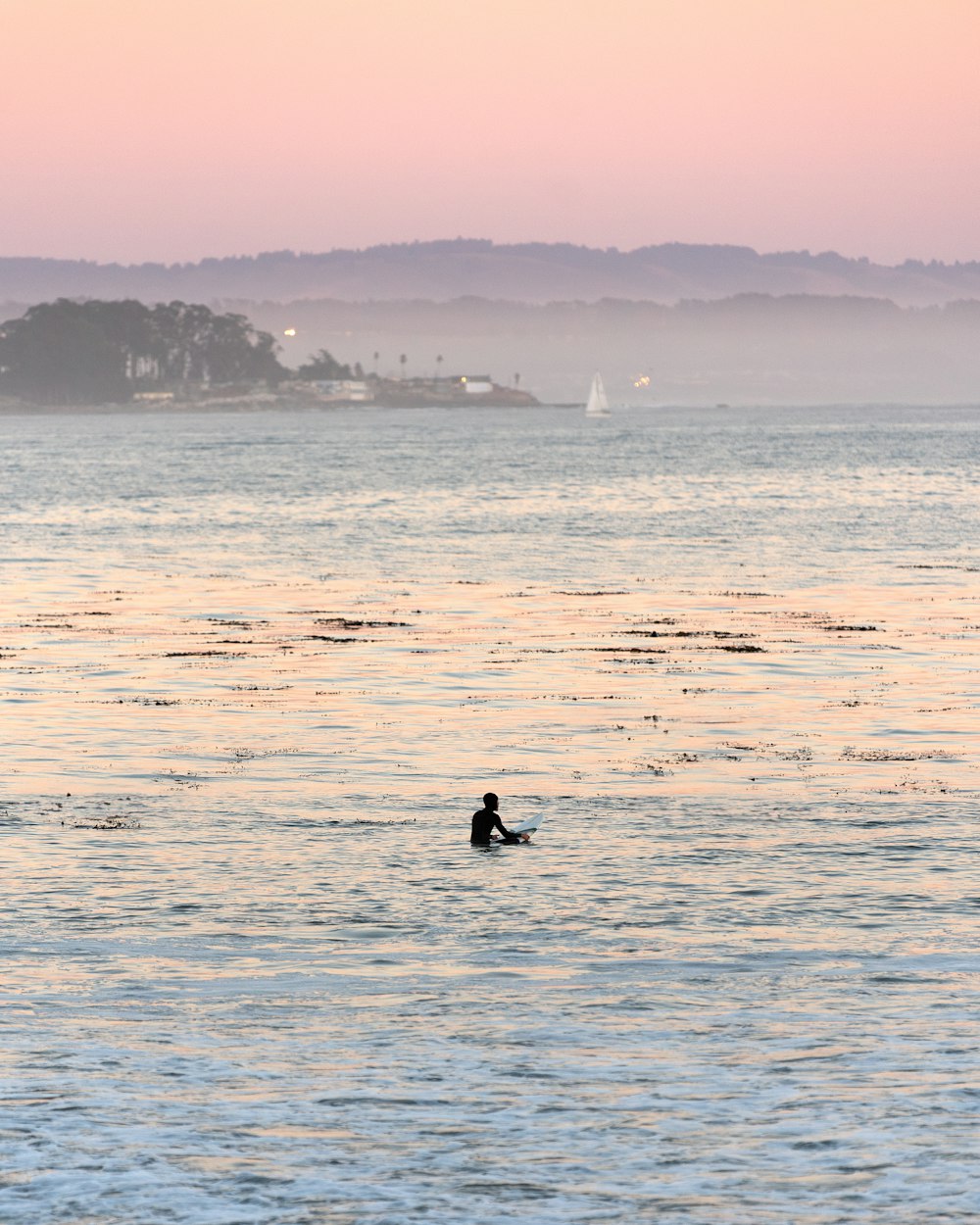 a person in a body of water with a surfboard