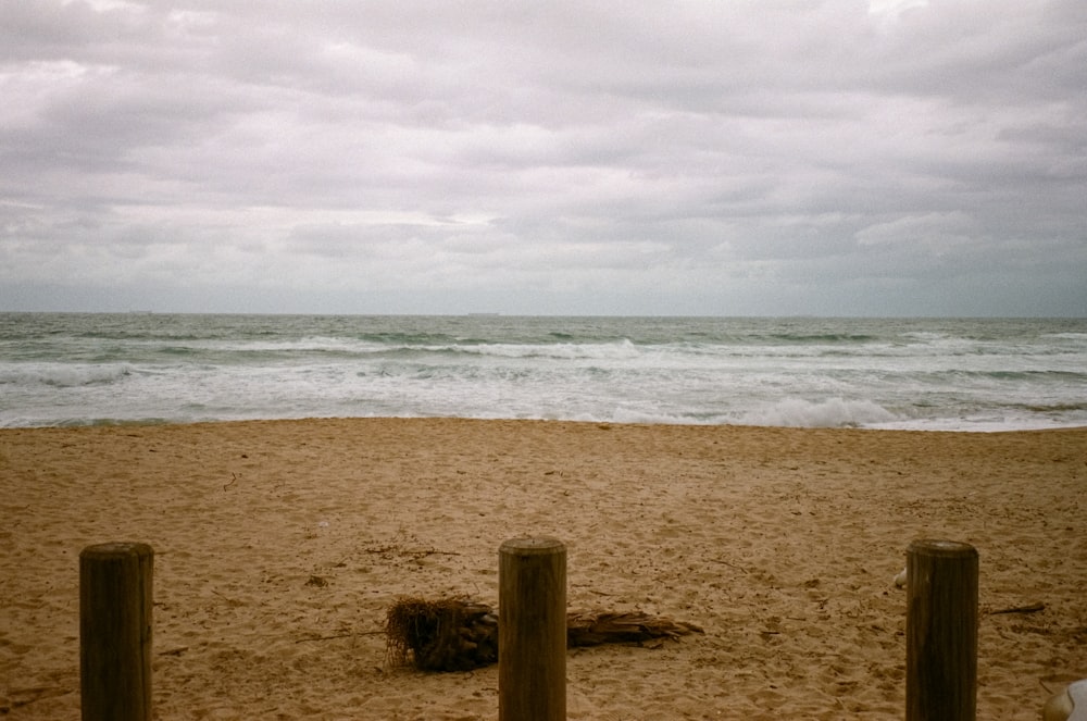 a wooden fence on a beach next to the ocean
