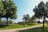 a path in a park with trees and a building in the background