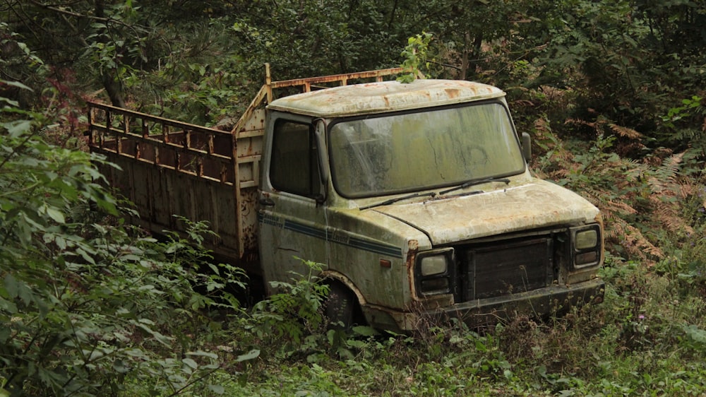 an old truck is parked in the middle of the woods