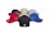 A collection of six baseball caps are neatly arranged in a semi-circle. The caps display a variety of colors, including red, black, blue, beige, and gray. Each cap has a mesh back and solid front panel with a sticker or logo on the visor.