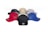 A collection of six baseball caps are neatly arranged in a semi-circle. The caps display a variety of colors, including red, black, blue, beige, and gray. Each cap has a mesh back and solid front panel with a sticker or logo on the visor.