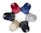 Six baseball caps are arranged in a circular pattern on a white background. The caps are of different colors including red, blue, gray, navy, beige, and black. Each cap features a round logo patch on the brim.