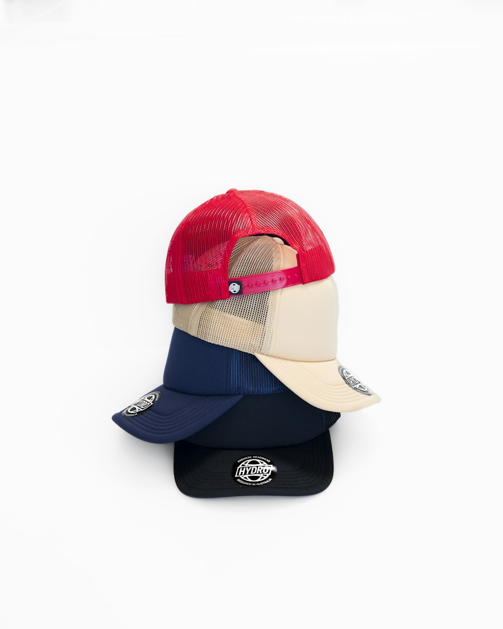 a red, white and blue hat on a white background