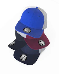 Stack of various caps showcasing different embroidered logos and monograms.