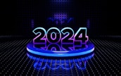 A futuristic setting featuring the glowing number 2024 prominently placed on a circular platform. The digits are illuminated with a blend of blue and purple hues. The background is a dark, perforated wall with a reflective floor that adds to the high-tech, digital aesthetic.