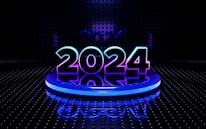 A futuristic setting featuring the glowing number 2024 prominently placed on a circular platform. The digits are illuminated with a blend of blue and purple hues. The background is a dark, perforated wall with a reflective floor that adds to the high-tech, digital aesthetic.