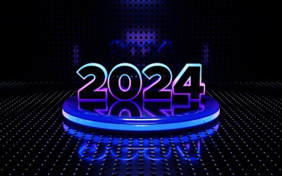 A futuristic setting featuring the glowing number 2024 prominently placed on a circular platform. The digits are illuminated with a blend of blue and purple hues. The background is a dark, perforated wall with a reflective floor that adds to the high-tech, digital aesthetic.
