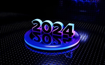 A bold and futuristic representation of the year 2024 is set against a dark, metallic background with circular patterns. The numbers are illuminated with a gradient of blue and purple lights, creating a reflective effect on the glossy surface below.