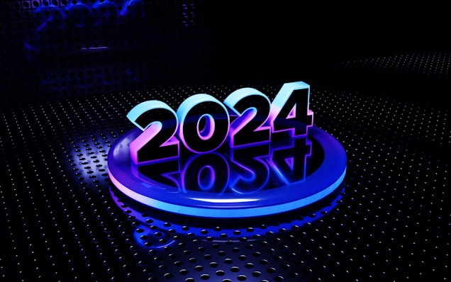 A futuristic representation of the number 2024, illuminated with vibrant blue and purple neon lights. The number is placed on a reflective, circular platform, set against a dark, dotted background that enhances the luminous effect.