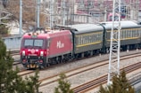 A red locomotive pulling a series of passenger train cars travels along a railway track. The train is surrounded by urban and industrial infrastructure, with overhead electrical lines and utility poles visible. The background includes buildings and bare trees, suggesting a setting in a rail yard or a transit area.