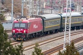A red locomotive pulling a series of passenger train cars travels along a railway track. The train is surrounded by urban and industrial infrastructure, with overhead electrical lines and utility poles visible. The background includes buildings and bare trees, suggesting a setting in a rail yard or a transit area.