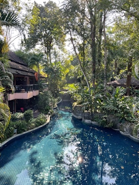A serene Bali villa courtyard bathed in warm sunlight, showcasing pristine landscaping and sparkling pool water.