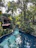 A peaceful view of the villa’s natural cenote pool framed by tropical greenery under soft sunlight.