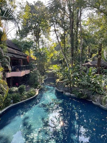 A serene Bali villa courtyard bathed in warm sunlight, showcasing pristine landscaping and sparkling pool water.