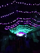 A series of colorful LED lights, predominantly purple and green, are strung across an outdoor area. The lights create an arch-like pattern, illuminating the space with a festive and vibrant atmosphere. There are silhouettes of people underneath the lights, adding to the sense of a lively gathering or event.