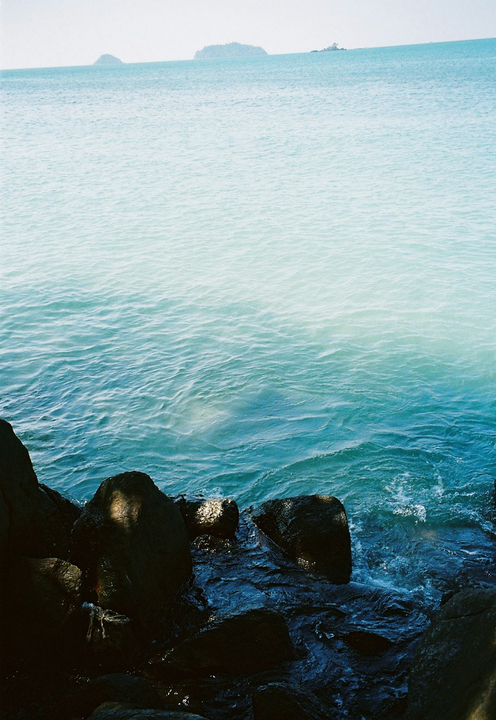 a person sitting on a rock near the ocean