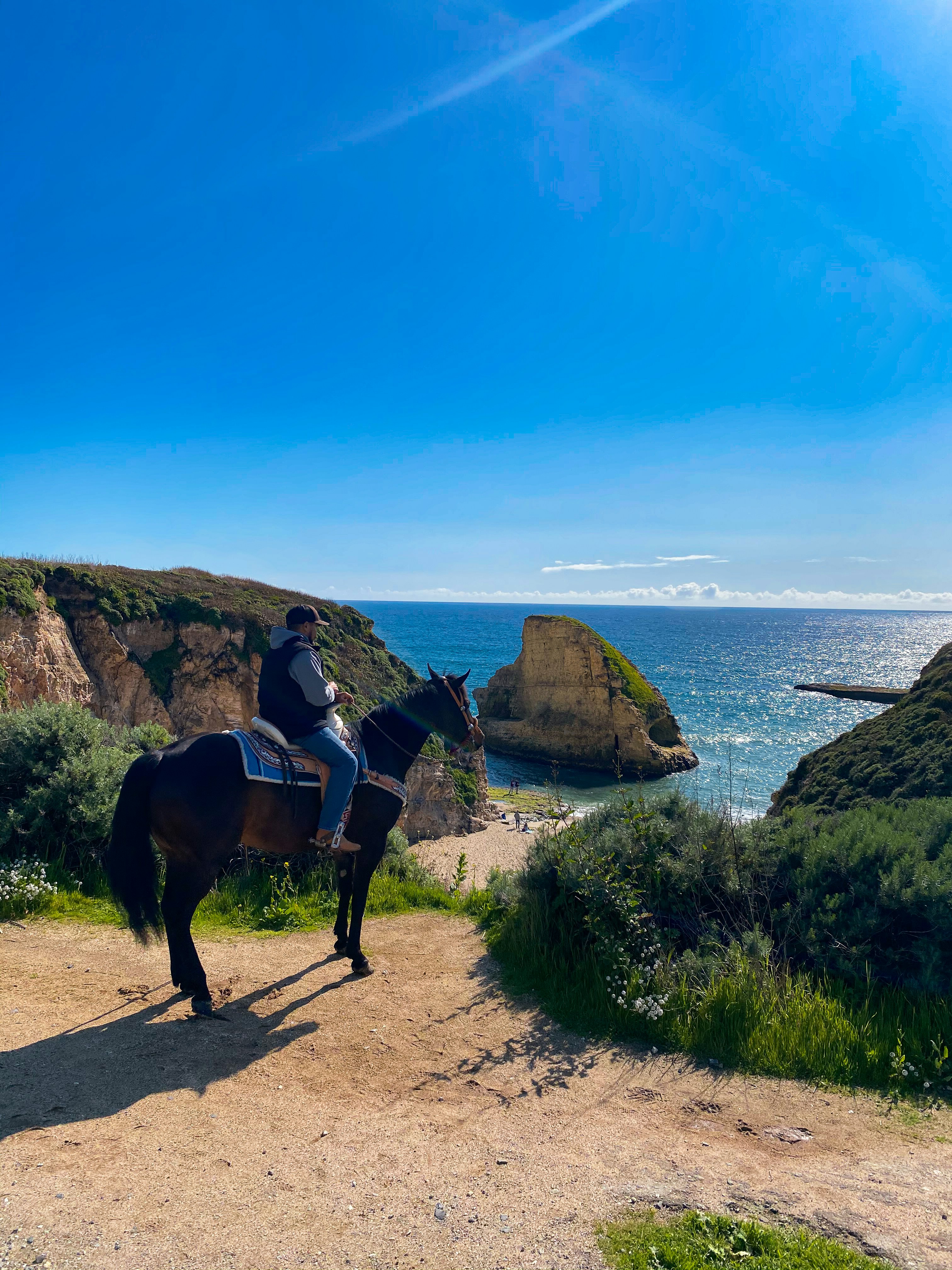 海辺の未舗装の道を馬に乗った男