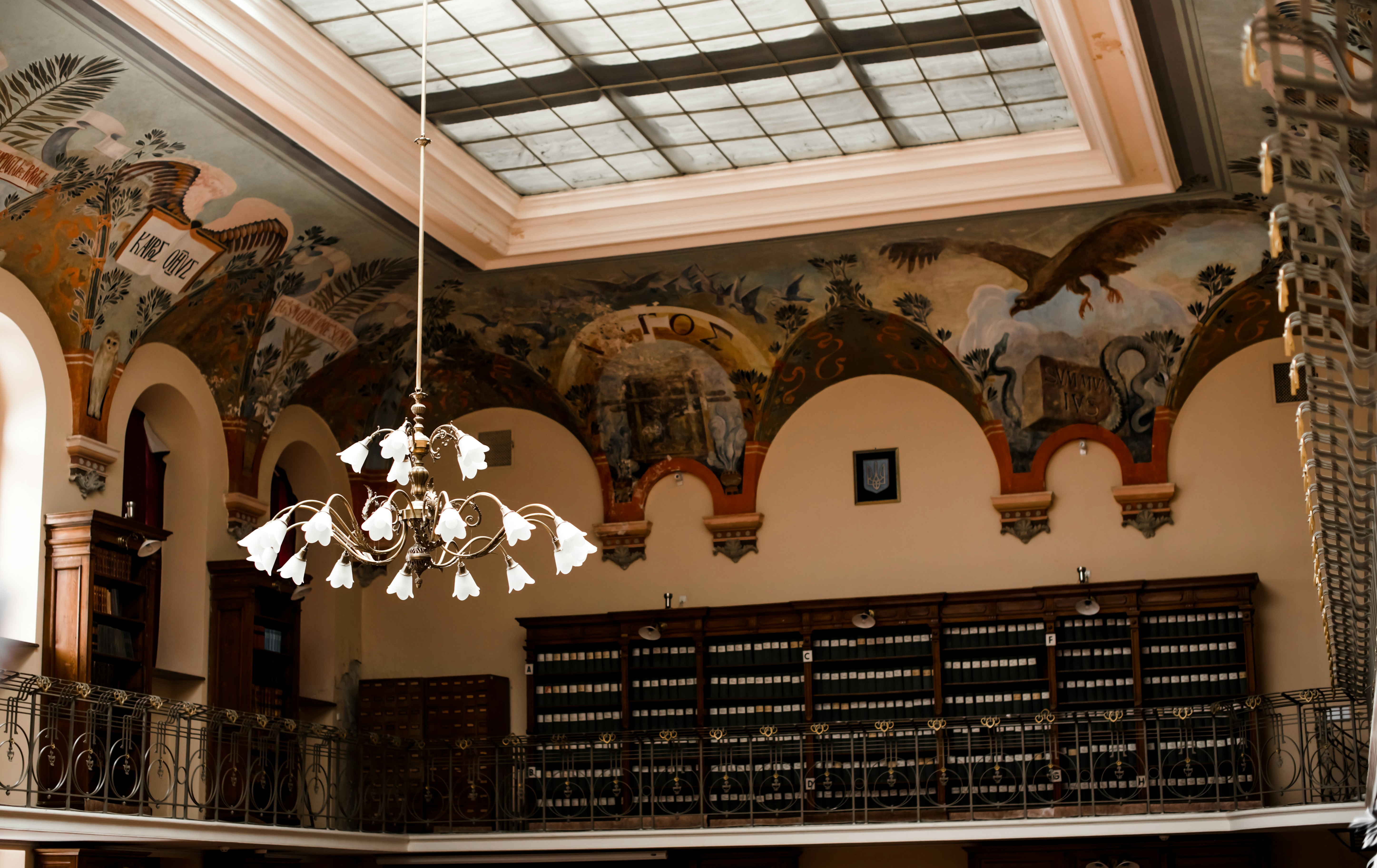 a chandelier hanging from the ceiling of a building