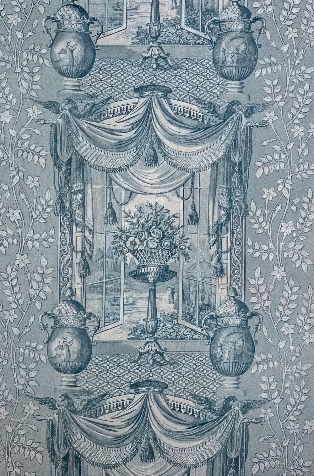 a drawing of a room with curtains and vases