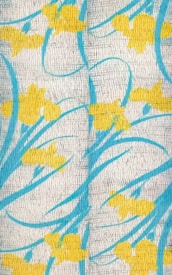 A pattern featuring bright yellow flowers and curved blue lines on a textured, off-white background. The repeated floral design gives a sense of movement and harmony, with the blue lines resembling flowing stems or streams.