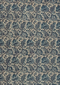 a blue and white wallpaper with a pattern of leaves