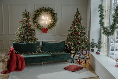 A sparkling clean living room ready for a house warming celebration.