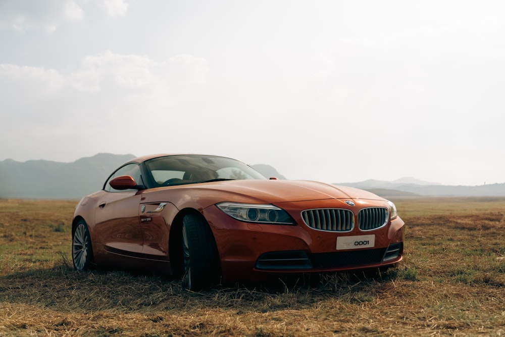 a car parked in a field with mountains in the background