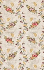 A vintage floral wallpaper pattern featuring intricately arranged bouquets of pink and red roses and other small blossoms, interspersed with golden-yellow leaves and delicate greenery on a textured beige background.