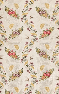 A vintage floral wallpaper pattern featuring intricately arranged bouquets of pink and red roses and other small blossoms, interspersed with golden-yellow leaves and delicate greenery on a textured beige background.