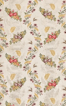 A vintage floral wallpaper pattern featuring intricately arranged bouquets of pink and red roses and other small blossoms, interspersed with golden-yellow leaves and delicate greenery on a textured beige background.