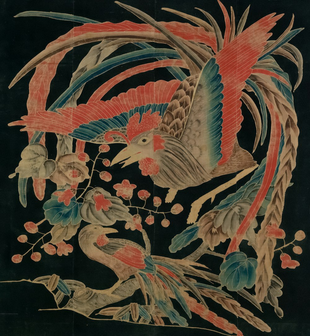 a painting of birds and flowers on a black background