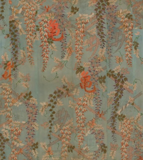 The image features an intricate pattern of floral designs with cascading wisteria-like flowers in shades of red, purple, and orange, set against a soft blue-green background. Intertwined with stylized leaves, the composition includes subtle abstract elements resembling characters or symbols, giving it an elegant and artistic appeal.