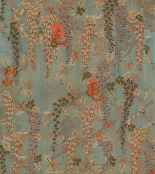 The image features an intricate pattern of floral designs with cascading wisteria-like flowers in shades of red, purple, and orange, set against a soft blue-green background. Intertwined with stylized leaves, the composition includes subtle abstract elements resembling characters or symbols, giving it an elegant and artistic appeal.