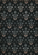 A dark, intricately patterned wallpaper featuring symmetrical floral designs. The repeating motifs include stylized flowers and leaves, along with subtle butterfly shapes, all rendered in muted shades of green, white, and orange.