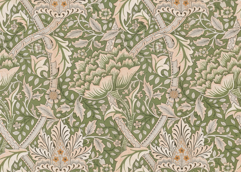 a green and white floral wallpaper with birds and flowers