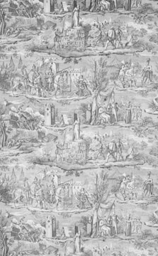 A detailed black and white toile illustration depicting various historical or mythological scenes. Characters dressed in ancient attire are engaged in different activities, such as building structures, conversing, and riding horses. The setting includes architectural elements, trees, and tents, suggesting a narrative unfolding in an ancient or classical time.