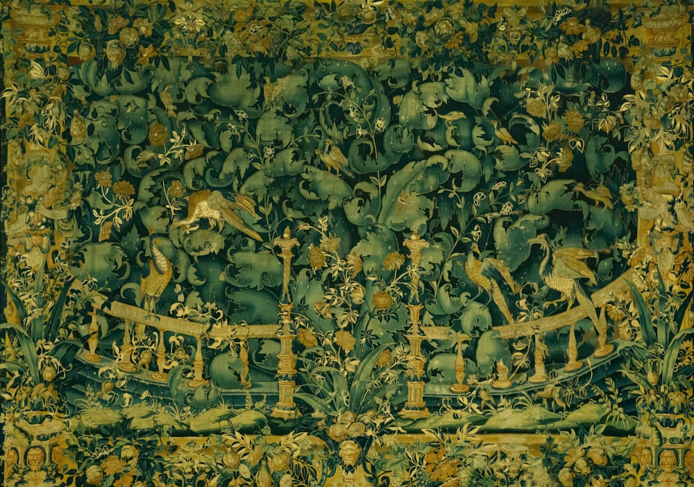 una pintura de animales y árboles sobre un fondo verde