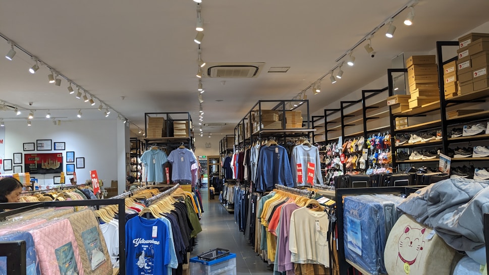 A retail clothing store interior with rows of neatly arranged shirts hanging on racks. Shelves above hold stacks of shoe boxes, and a variety of shoes are displayed on the right side. The store is well-lit with ceiling spotlights and has a clean, organized appearance.