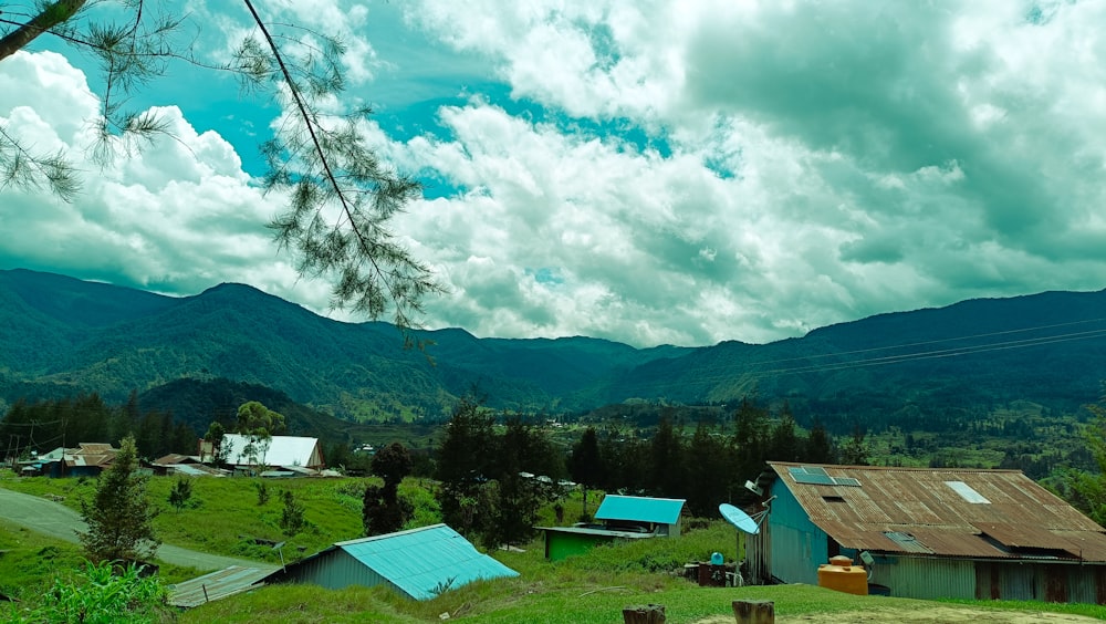 a rural area with mountains in the background