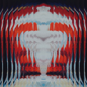 A stark black and white geometric pattern splashed with aggressive red brush strokes, embodying raw energy and rebellion.