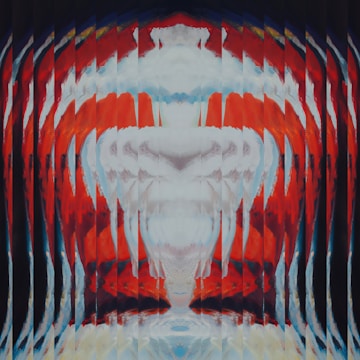 A stark black and white geometric pattern splashed with aggressive red brush strokes, embodying raw AI energy.