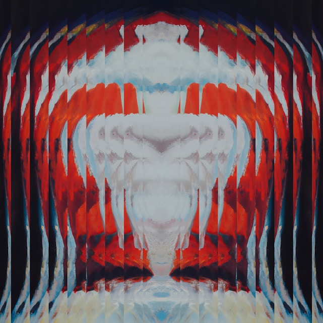 A stark black and white geometric pattern splashed with aggressive red brush strokes, embodying raw energy and rebellion.